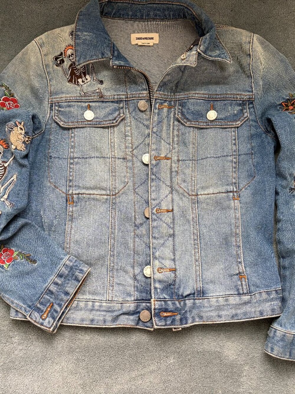 he Zadig & Voltaire Women's Blue Skeleton Tiger Embroidered Denim Jacket in size
